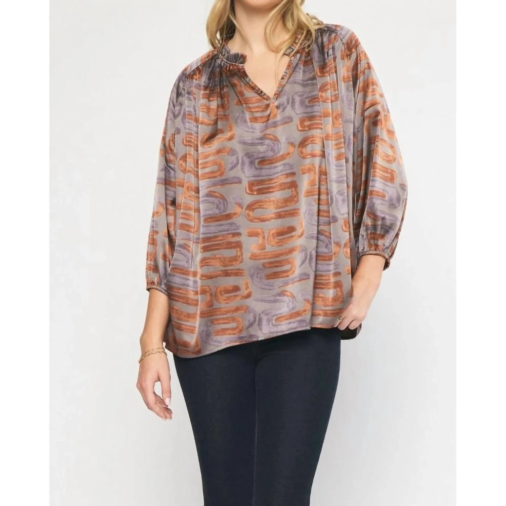 Entro Lightweight Blouse S Copper Purple 3/4 Sleeve V-neck‎ Slinky Career Siren